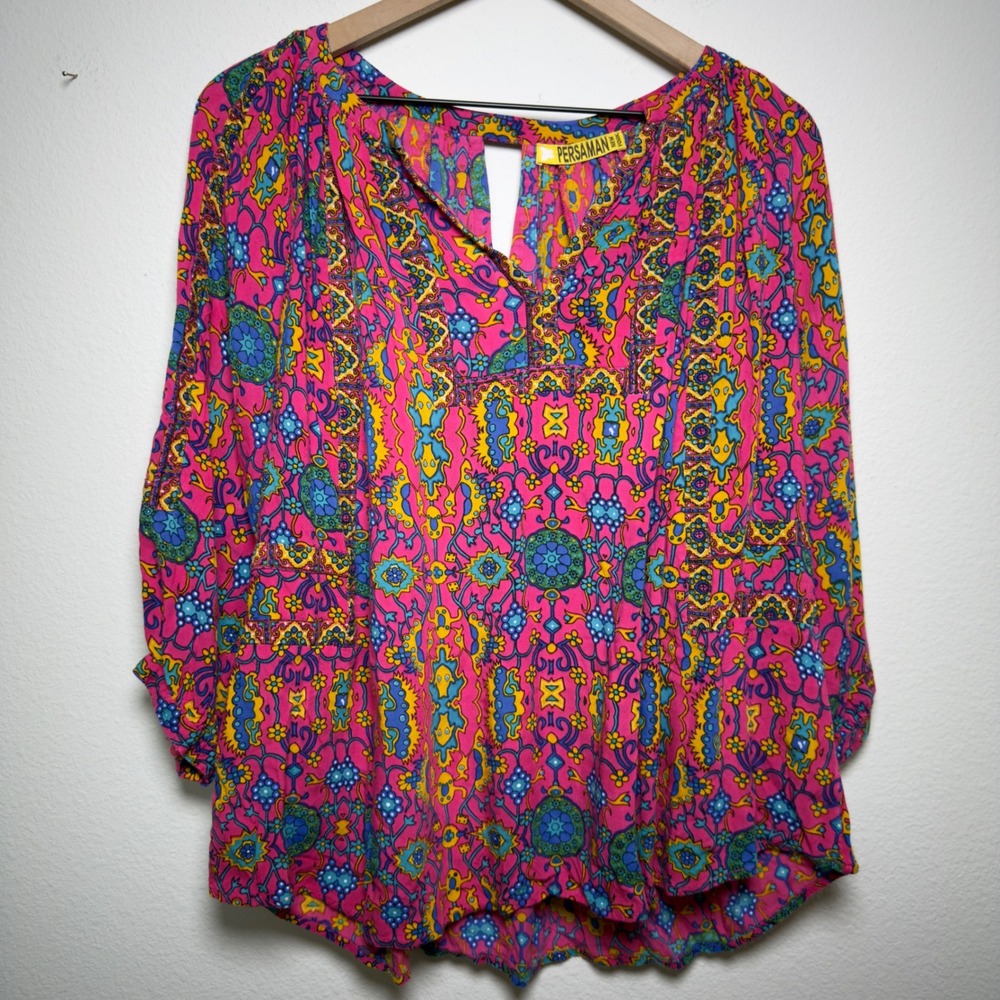 Persaman Women Top Large Pink Psychedelic Medallion Bohemian Cottagecore